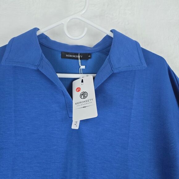 Merokeety Sweatshirt Women Blue V-Neck Pullover Blue Lapel Long Sleeve - Picture 4 of 7